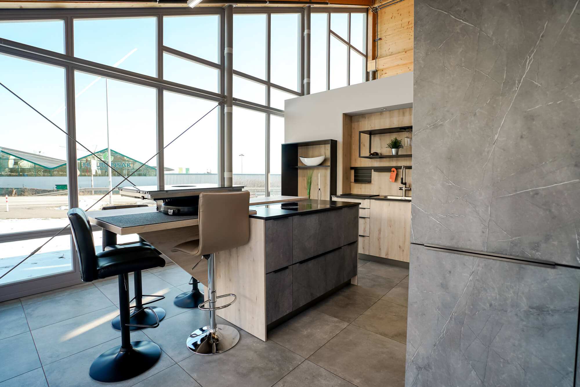 Inselkueche modern Betonoptik grau