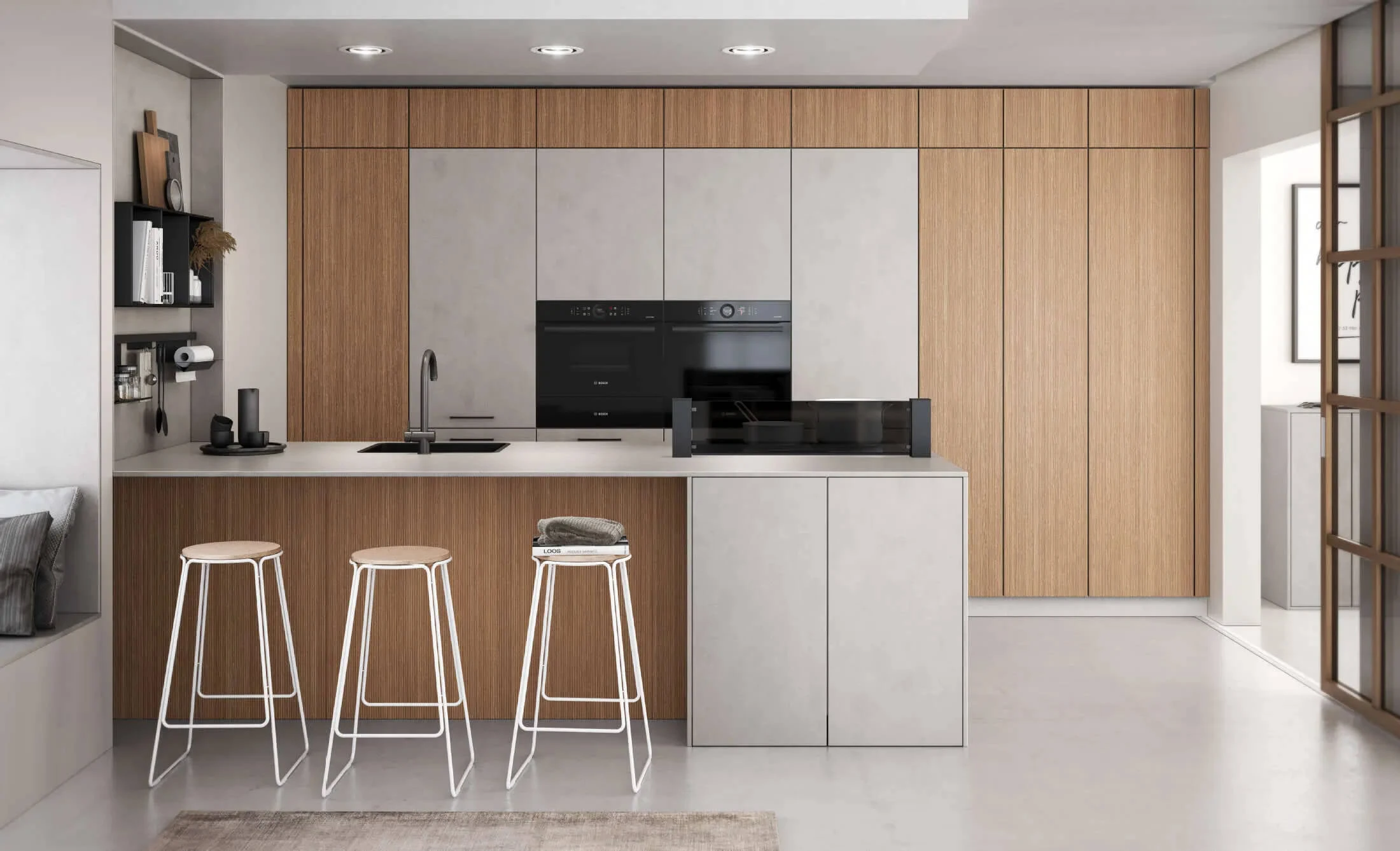 Burger Designkueche mit Insel Holz gerillt Beton