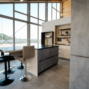 Moderne Inselküche Steinoptik Holz